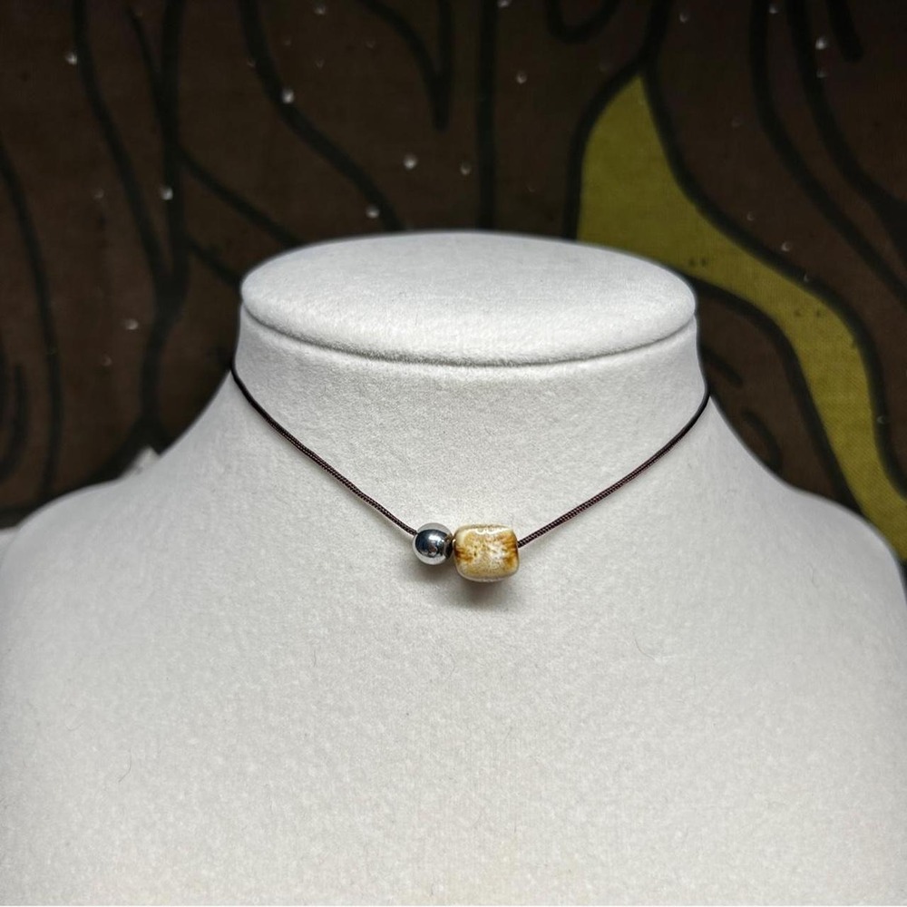 Sandy tan ceramic cord stainless steel boho dainty necklace adjustable